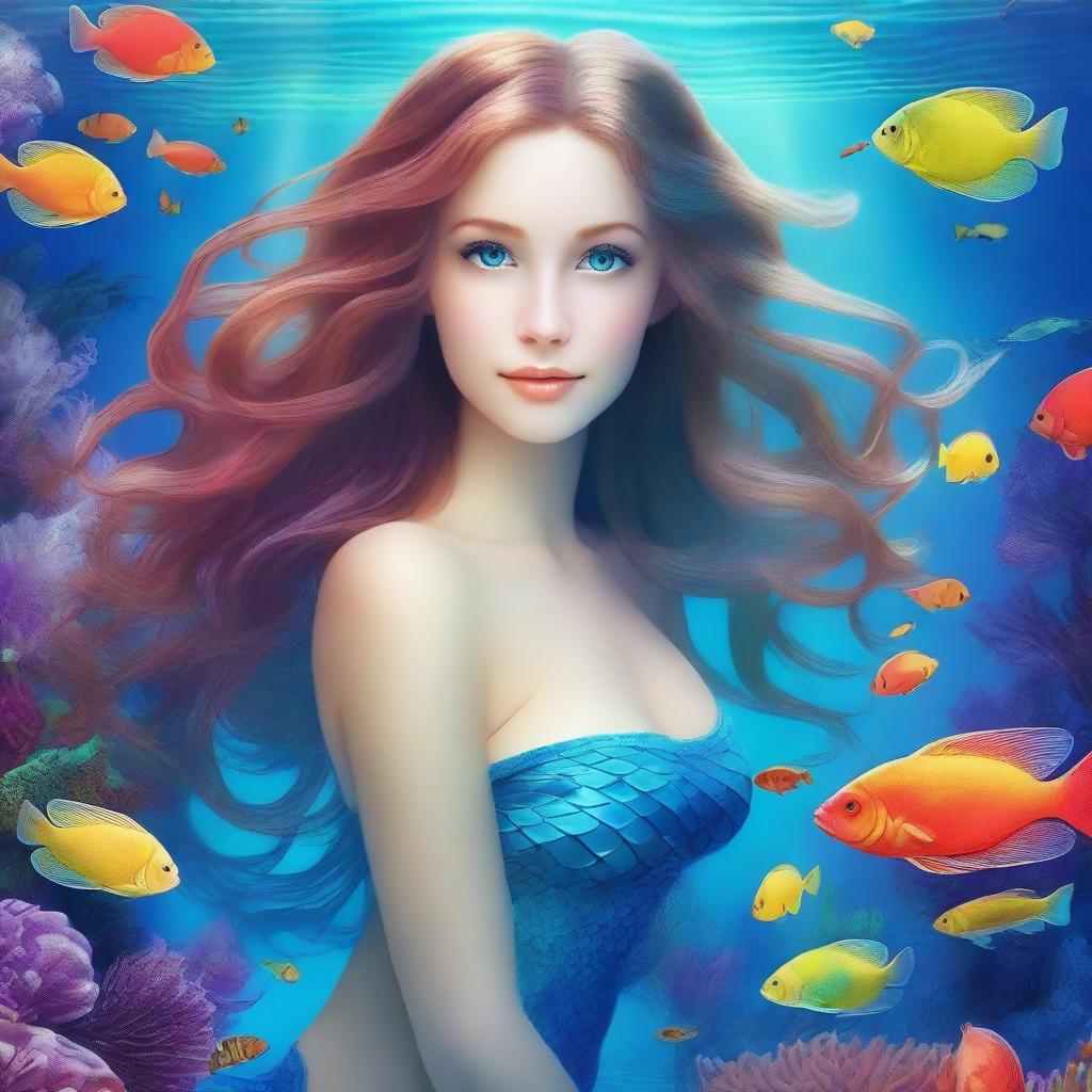 A beautiful mermaid with flowing hair and striking blue eyes, swimming gracefully underwater