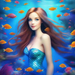 A beautiful mermaid with flowing hair and striking blue eyes, swimming gracefully underwater