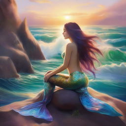 A stunning mermaid with flowing hair, sitting on a rock by the ocean