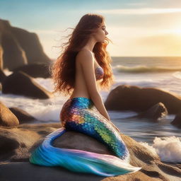 A stunning mermaid with flowing hair, sitting on a rock by the ocean