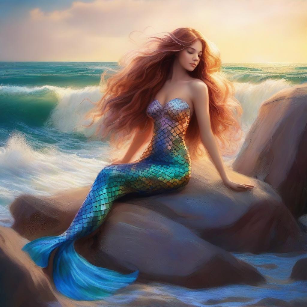 A stunning mermaid with flowing hair, sitting on a rock by the ocean