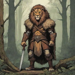 A comic-style rustic illustration of a Dungeons & Dragons lion warrior clad in animal fur and hides, standing in front of a dense forest.