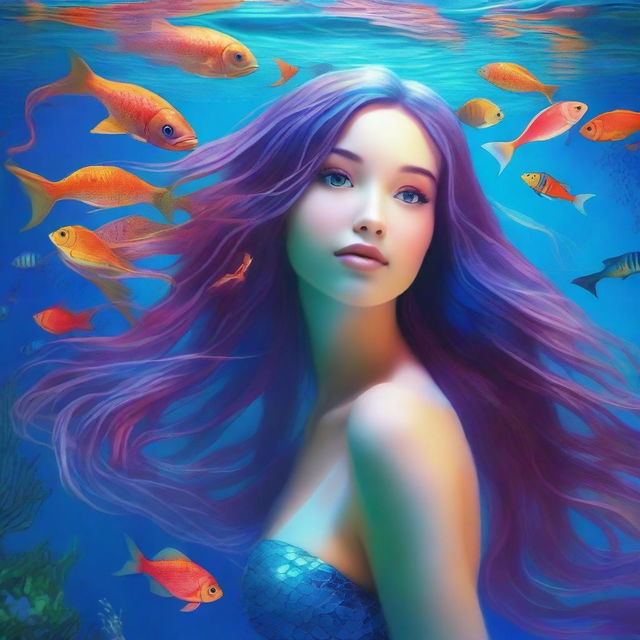 A captivating mermaid with a shimmering blue fishtail, looking up towards the surface of the water