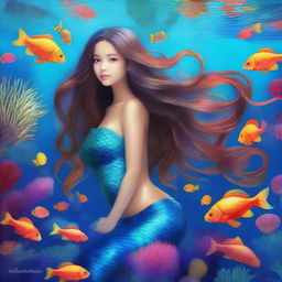 A captivating mermaid with a shimmering blue fishtail, looking up towards the surface of the water