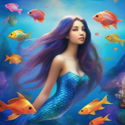 A captivating mermaid with a shimmering blue fishtail, looking up towards the surface of the water