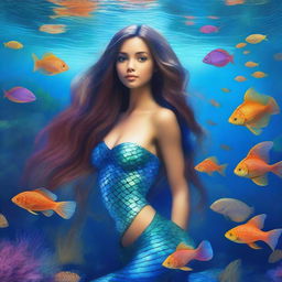 A captivating mermaid with a shimmering blue fishtail, looking up towards the surface of the water