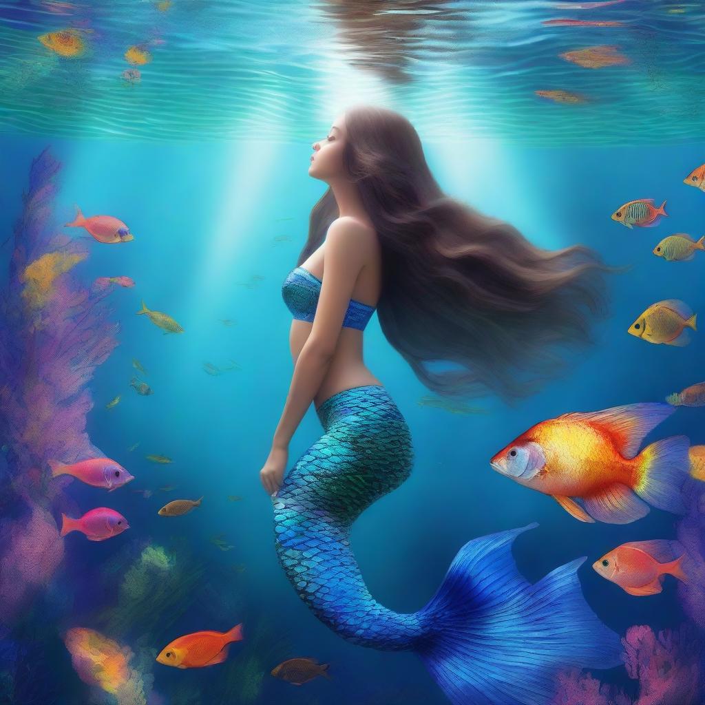 A captivating full-body image of a mermaid with a shimmering blue fishtail, looking up towards the surface of the water