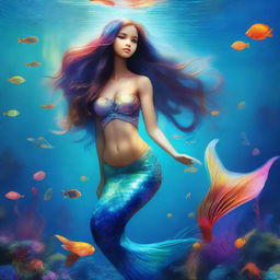 A captivating full-body image of a mermaid with a shimmering blue fishtail, looking up towards the surface of the water