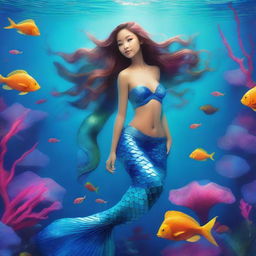 A captivating full-body image of a mermaid with a shimmering blue fishtail, looking up towards the surface of the water