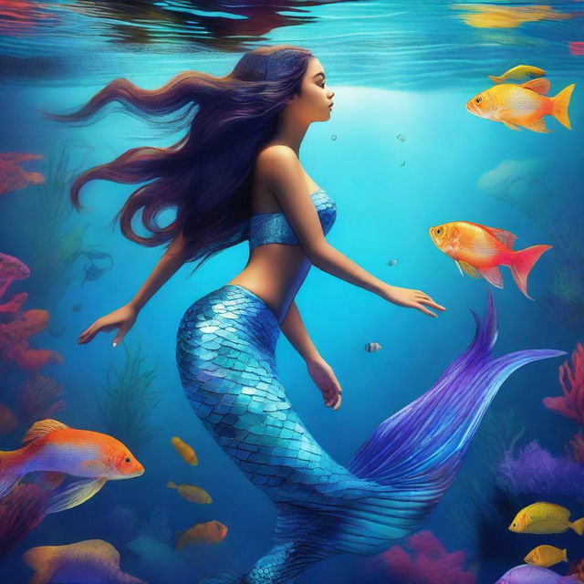 A captivating full-body image of a mermaid with a shimmering blue fishtail, looking up towards the surface of the water