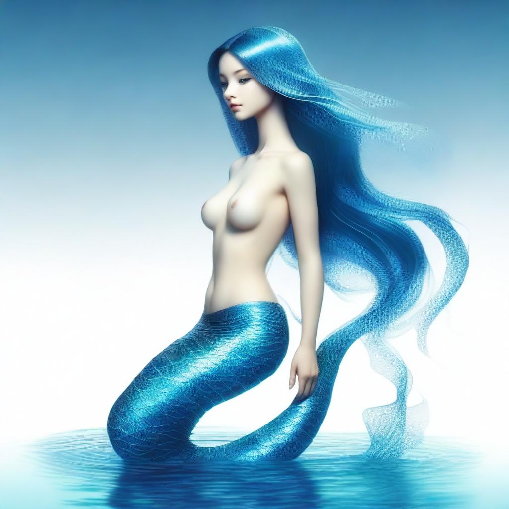 A full-body image of a mesmerizing mermaid with a shimmering blue fishtail, looking up with an expression of curiosity and wonder