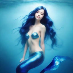 A full-body image of a mesmerizing mermaid with a shimmering blue fishtail, looking up with an expression of curiosity and wonder