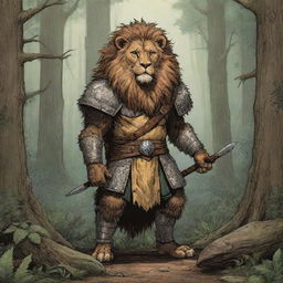 A comic-style rustic illustration of a Dungeons & Dragons lion warrior clad in animal fur and hides, standing in front of a dense forest.