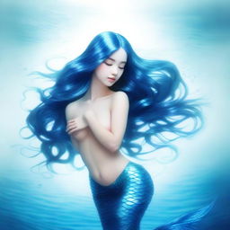 A full-body image of a mesmerizing mermaid with a shimmering blue fishtail, looking up with an expression of curiosity and wonder