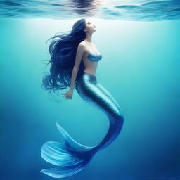 A full-body image of a mesmerizing mermaid with a shimmering blue fishtail, looking up with an expression of curiosity and wonder