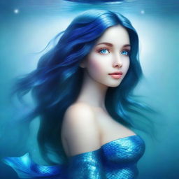 A captivating mermaid with a shimmering blue fishtail, looking up towards the surface of the water