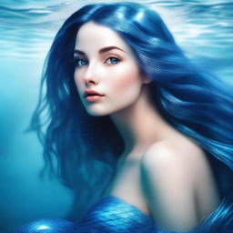 A captivating mermaid with a shimmering blue fishtail, looking up towards the surface of the water