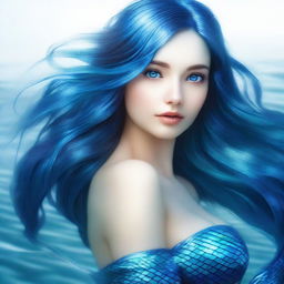 A captivating mermaid with a shimmering blue fishtail, looking up towards the surface of the water