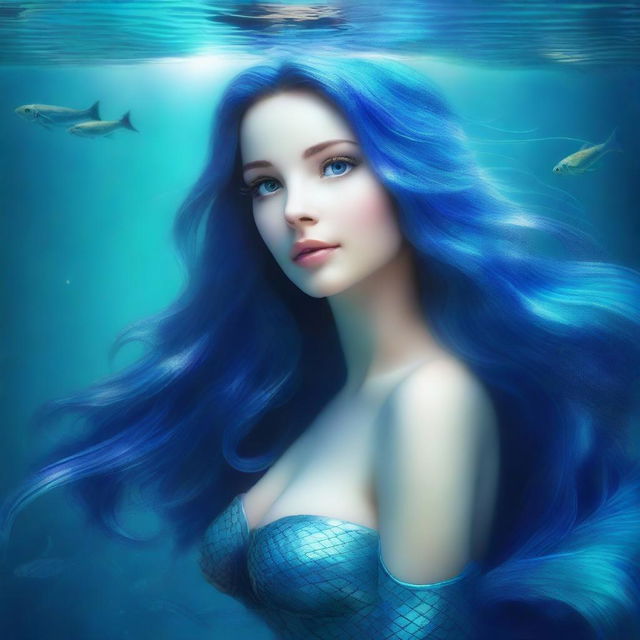 A captivating mermaid with a shimmering blue fishtail, looking up towards the surface of the water