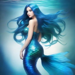 A full-body image of a mesmerizing mermaid with a shimmering blue fishtail, looking up with a sense of wonder