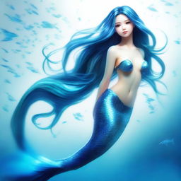 A full-body image of a mesmerizing mermaid with a shimmering blue fishtail, looking up with a sense of wonder