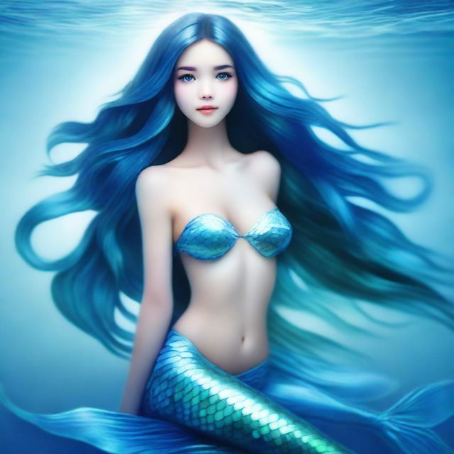 A full-body image of a mesmerizing mermaid with a shimmering blue fishtail, looking up with a sense of wonder