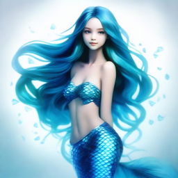 A full-body image of a mesmerizing mermaid with a shimmering blue fishtail, looking up with a sense of wonder