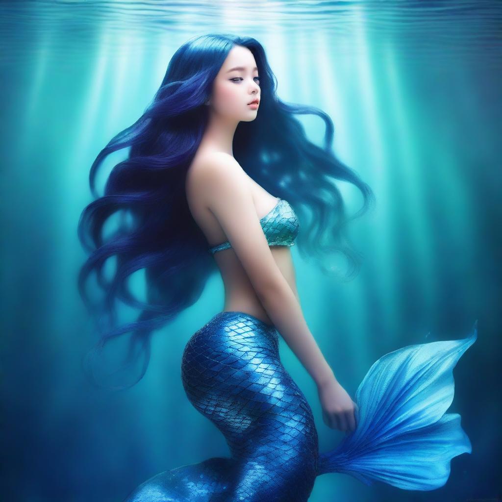 A full-body side view of a captivating mermaid with a shimmering blue fishtail, looking up