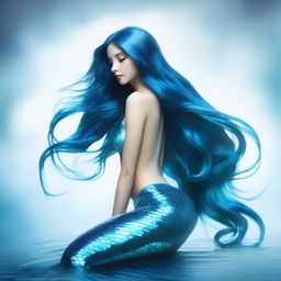 A full-body side view of a captivating mermaid with a shimmering blue fishtail, looking up