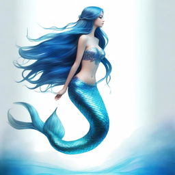 A full-body side view of a captivating mermaid with a shimmering blue fishtail, looking up