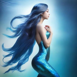 A full-body side view of a captivating mermaid with a shimmering blue fishtail, looking up