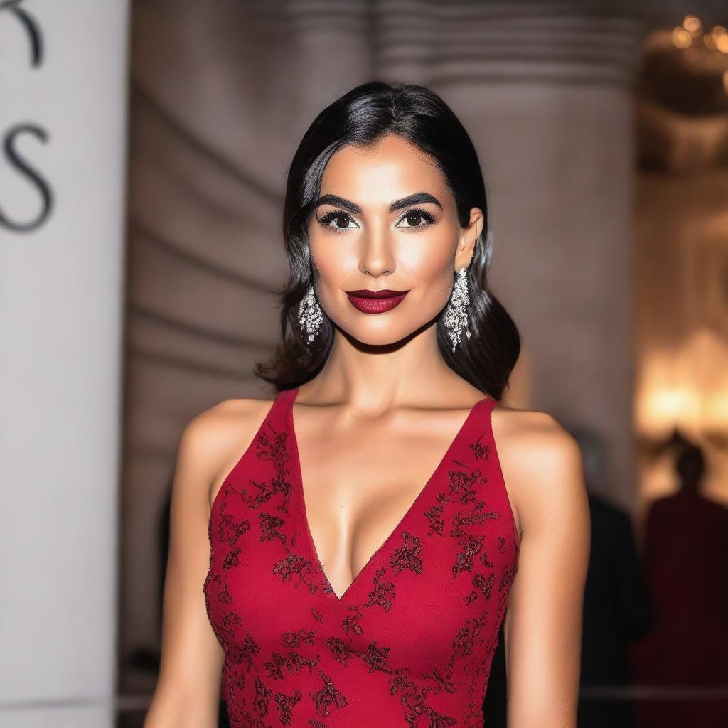 A brunette woman with olive skin, wearing a red dress