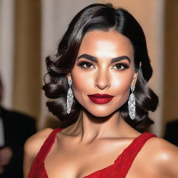 A brunette woman with olive skin, wearing a red dress