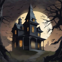 Create a detailed background scene where the character is looking at a haunted house