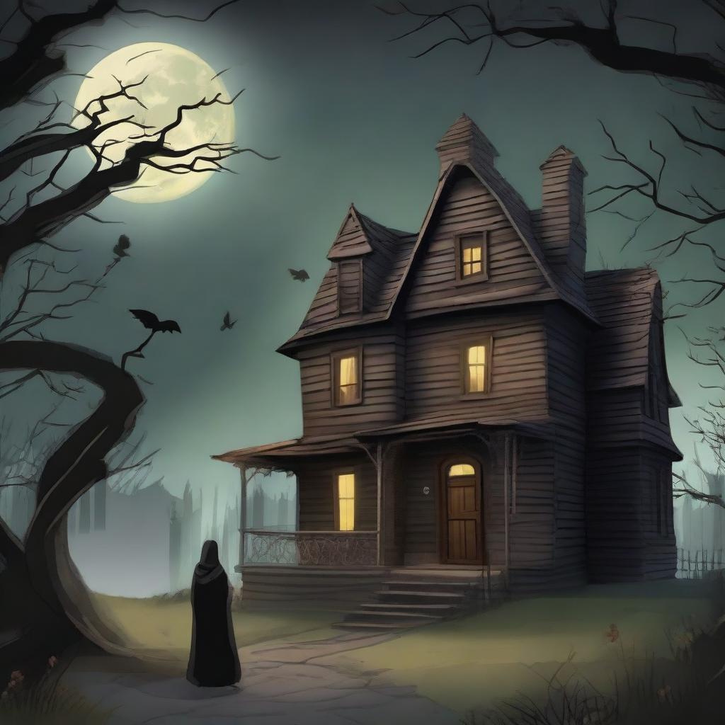 Create a detailed background scene where the character is looking at a haunted house