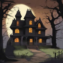 Create a detailed background scene where the character is looking at a haunted house