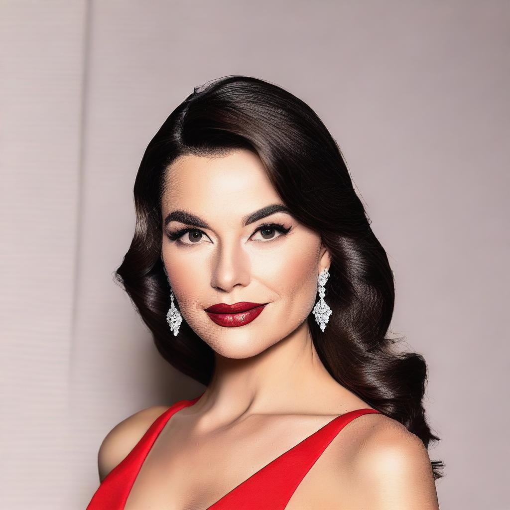 A brunette woman wearing a red dress