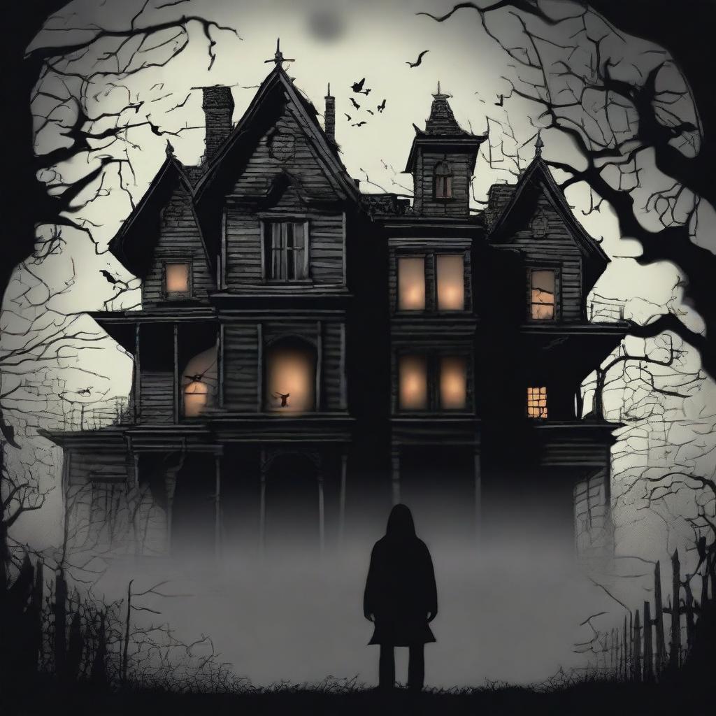 Create an image featuring the back of a character looking at a haunted house