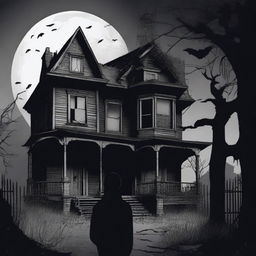 Create an image featuring the back of a character looking at a haunted house