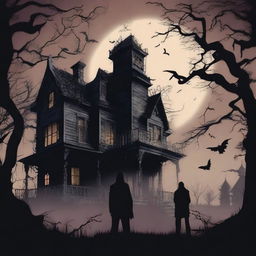 Create an image featuring the back of a character looking at a haunted house