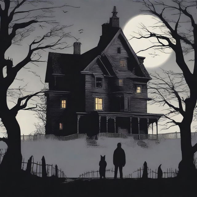 Create an image featuring the back of a character looking at a haunted house