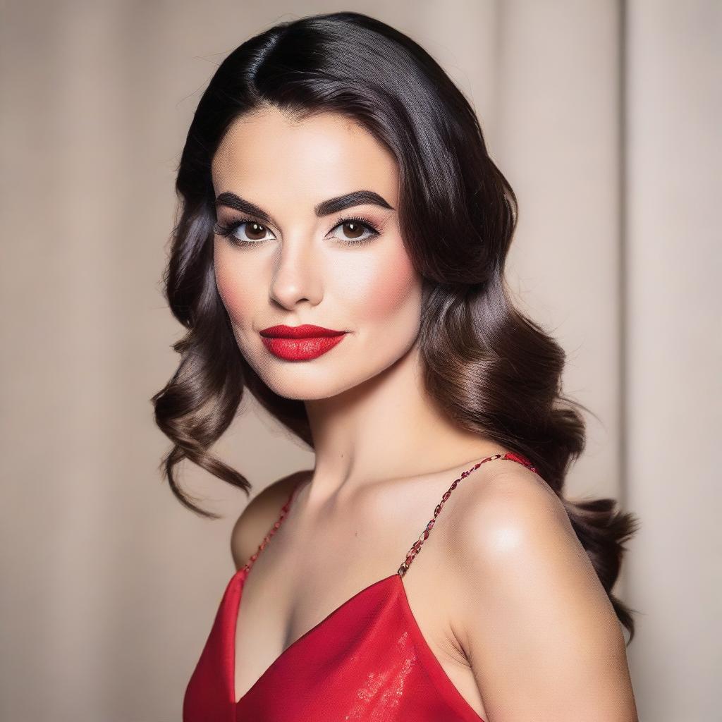 A brunette woman in her mid-20s, wearing a sexy red dress