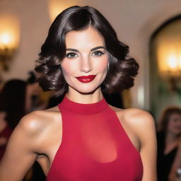 A brunette woman in her mid-20s, wearing a sexy red dress