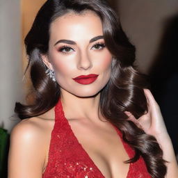 A brunette woman in her mid-20s, wearing a sexy red dress