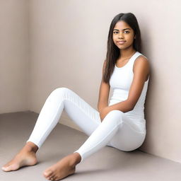 A teenage girl wearing white leggings is sitting down with her legs crossed