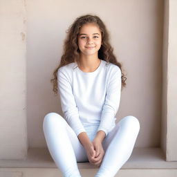 A teenage girl wearing white leggings is sitting down with her legs crossed