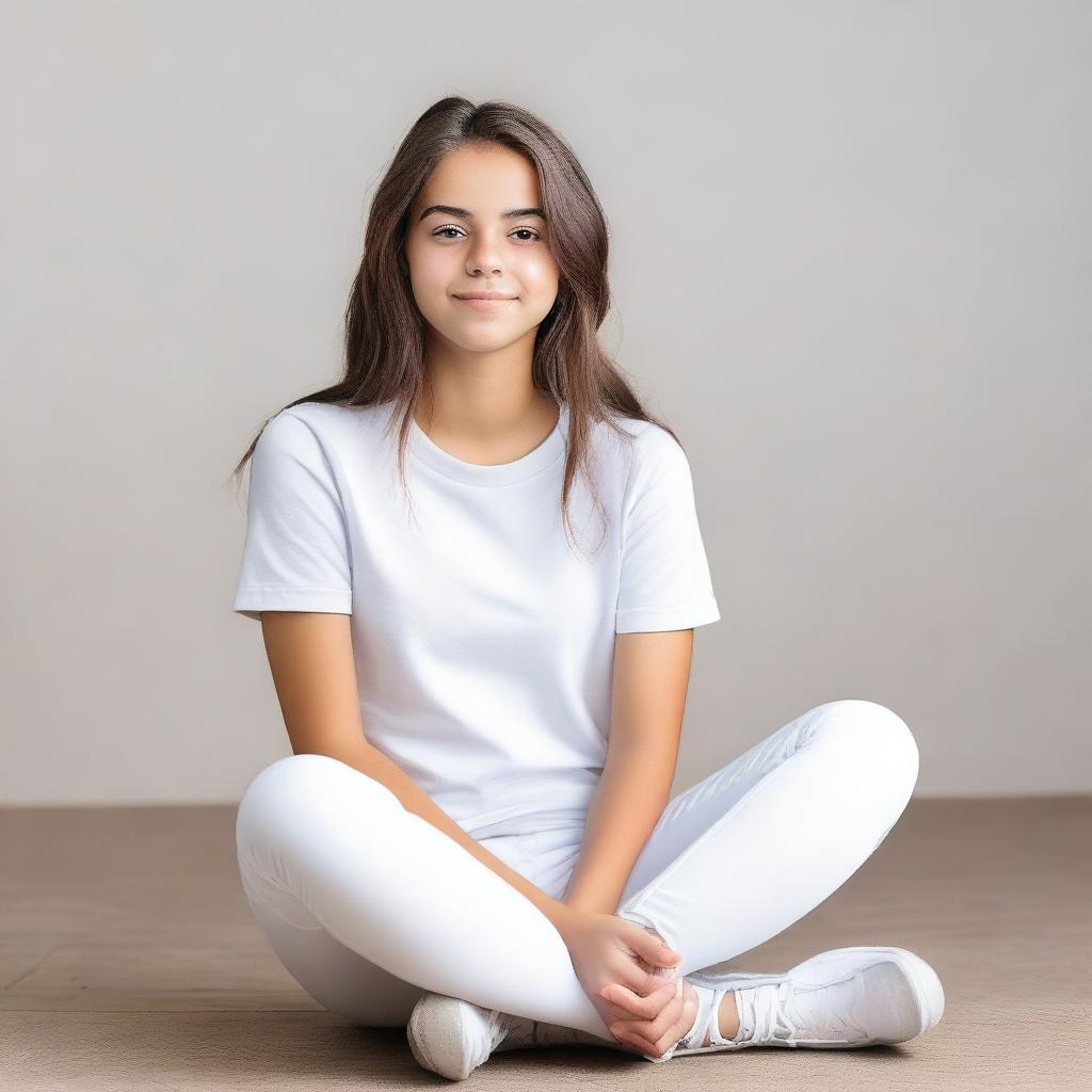 A teenage girl wearing white leggings is sitting down with her legs crossed