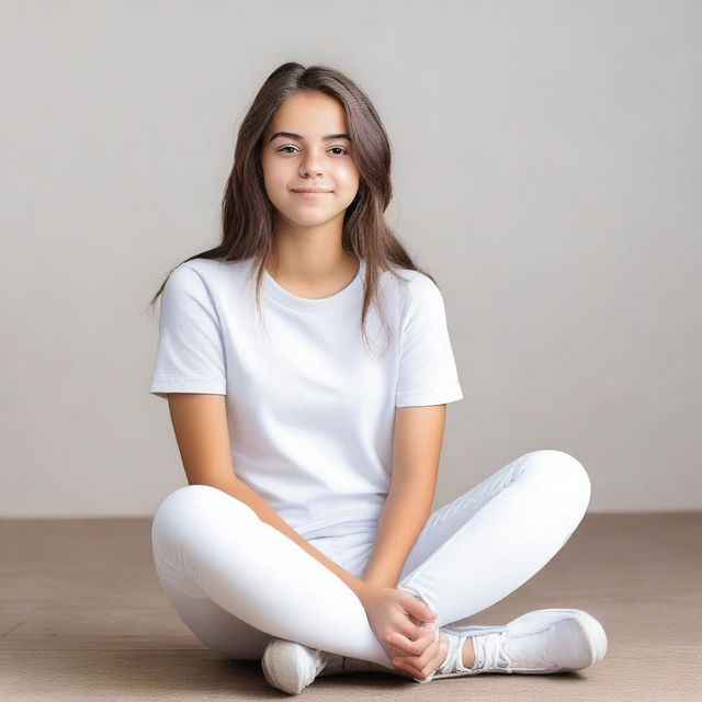 A teenage girl wearing white leggings is sitting down with her legs crossed