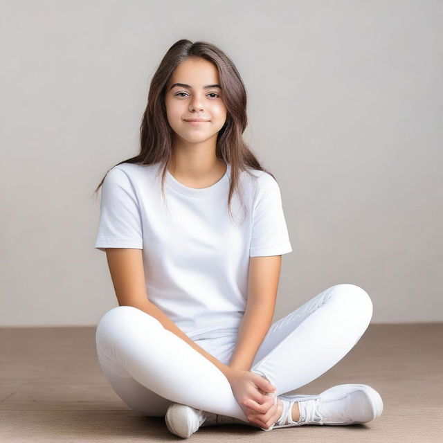 A teenage girl wearing white leggings is sitting down with her legs crossed