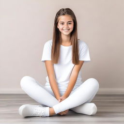 A teenage girl wearing white leggings is sitting down with her legs crossed